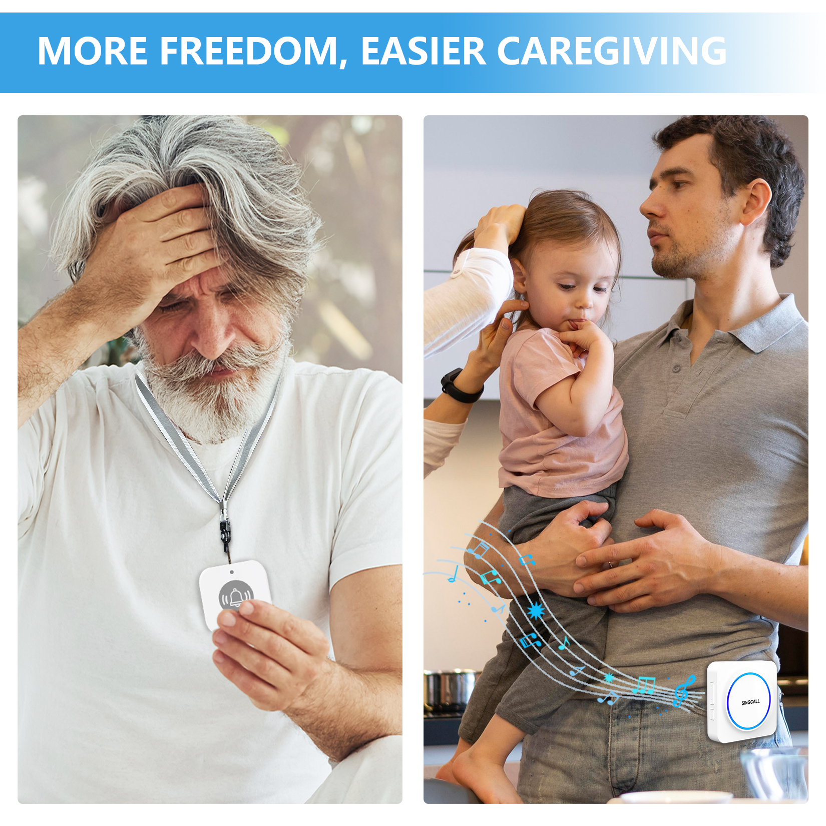 SINGCALL Wireless Caregiver Pager Panic Alarm System Personal Alarm for Elderly Patients Care Home 1 Rechargeable Portable Receiver with 2 Panic Call Button